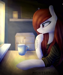 Size: 1718x2048 | Tagged: safe, artist:nightskrill, oc, oc only, earth pony, pony, clothes, female, indoors, looking out the window, mare, mug, profile, solo, table, tattoo, window