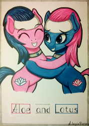 Size: 759x1064 | Tagged: safe, artist:adagiostring, aloe, lotus blossom, earth pony, pony, background pony, female, hug, mare, markers, sisters, sketch, spa pony, spa twins, traditional art