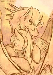 Size: 771x1080 | Tagged: safe, artist:nightskrill, oc, oc only, pony, duo, eyes closed, female, hug, male, monochrome, shipping, sketch, straight