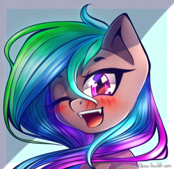 Size: 1976x1916 | Tagged: safe, artist:chaosangeldesu, oc, oc only, oc:aurora veil, pony, blushing, bust, fangs, female, mare, open mouth, portrait