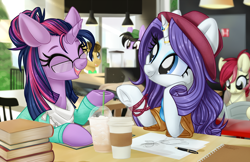 Size: 1024x662 | Tagged: safe, artist:kellythedrawinguni, doctor whooves, rarity, roseluck, twilight sparkle, oc, oc:quilly, pony, unicorn, alternate hairstyle, book, cafe, clothes, female, male, mare, paper, smiling, stallion, table