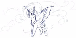 Size: 2560x1280 | Tagged: safe, artist:nightskrill, nightmare moon, alicorn, pony, chibi, ear fluff, female, hybrid wings, mare, monochrome, nicemare moon, sketch, smiling, solo, spread wings, wings