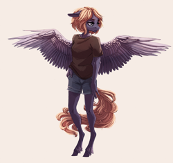 Size: 2000x1878 | Tagged: safe, artist:weird--fish, oc, oc only, anthro, pegasus, unguligrade anthro, clothes, female, floppy ears, mare, shirt, shorts, simple background, solo, spread wings, t-shirt, unshorn fetlocks, wings