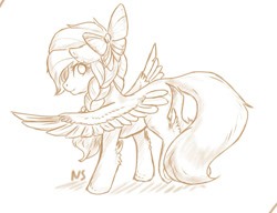 Size: 853x656 | Tagged: safe, artist:nightskrill, oc, oc only, pegasus, pony, bow, braid, female, hair bow, looking at you, looking back, looking back at you, mare, monochrome, plot, sketch, solo, spread wings, wings