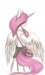 Size: 1229x2048 | Tagged: safe, artist:nightskrill, princess celestia, alicorn, pony, semi-anthro, bag, clothes, female, hair over eyes, mare, princess molestia, school uniform, sketch, solo