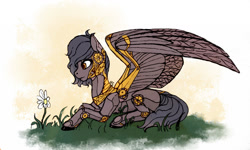 Size: 1280x768 | Tagged: safe, artist:nightskrill, oc, oc only, pegasus, pony, flower, grass, lying, mechanized, prone, solo, spread wings, steampunk, wings