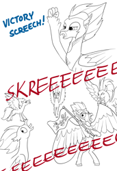 Size: 900x1316 | Tagged: safe, artist:brisineo, sky beak, classical hippogriff, hippogriff, surf and/or turf, eeee, flag, lineart, majestic, meme, reeee, screech, simple background, skree, spongebob squarepants, the algae's always greener, victory screech, white background