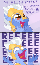 Size: 1280x2048 | Tagged: safe, artist:underpable, sky beak, classical hippogriff, hippogriff, surf and/or turf, armor, blush sticker, blushing, comic, cute, derp, dilated pupils, eeee, fluffy, majestic, male, open mouth, reeee, screaming, skyabeakes, smiling, solo, squishy cheeks, tongue out, wide eyes