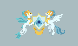 Size: 1686x1000 | Tagged: safe, artist:brisineo, classical hippogriff, hippogriff, seapony (g4), surf and/or turf, armor, coat of arms, flag, gray background, heraldry, shield, simple background, vector