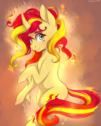 Size: 2000x2500 | Tagged: safe, artist:silbersternenlicht, sunset shimmer, pony, unicorn, female, gradient background, looking at you, mare, smiling, solo