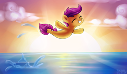 Size: 1700x1000 | Tagged: safe, artist:tcn1205, scootaloo, seapony (g4), surf and/or turf, breach, cute, cutealoo, eyes closed, jumping, ocean, seaponified, seapony scootaloo, smiling, solo, species swap, sunset