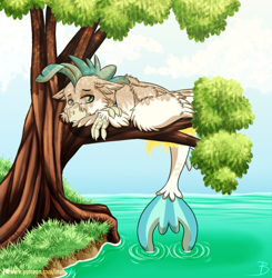 Size: 1024x1044 | Tagged: safe, artist:inuhoshi-to-darkpen, terramar, classical hippogriff, hippogriff, hybrid, seapony (g4), surf and/or turf, lake, male, sad, sitting in a tree, solo, transformation, tree