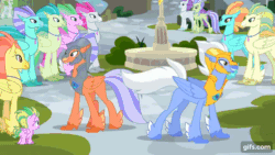 Size: 640x360 | Tagged: safe, screencap, apple bloom, scootaloo, sky beak, sweetie belle, terramar, twilight sparkle, twilight sparkle (alicorn), alicorn, hippogriff, surf and/or turf, animated, cutie mark crusaders, father and child, father and son, fledgeling, gif, like father like son, male, mount aris, noogie, parent and child