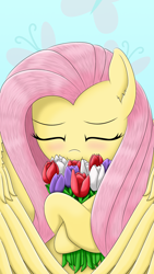 Size: 1440x2560 | Tagged: safe, artist:lifesharbinger, fluttershy, pegasus, pony, blushing, bouquet, bust, cute, cutie mark background, daaaaaaaaaaaw, eyes closed, female, flower, fluttershy day, full face view, hnnng, holding, hoof hold, mare, portrait, shyabetes, smiling, solo, spread wings, tulip, wings