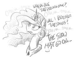 Size: 3000x2329 | Tagged: safe, artist:flutterthrash, princess celestia, alicorn, pony, horse play, dialogue, monochrome, pink floyd, simple background, song reference, that was fast, the wall, white background