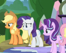 Size: 324x263 | Tagged: safe, screencap, applejack, fluttershy, rainbow dash, rarity, starlight glimmer, earth pony, pegasus, pony, unicorn, horse play, adorable distress, animated, applejack's hat, cowboy hat, cropped, cute, female, floppy ears, flying, gritted teeth, hat, mare, nervous