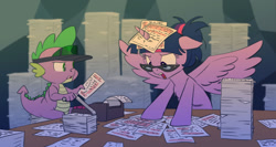 Size: 1280x681 | Tagged: safe, artist:carnifex, spike, twilight sparkle, twilight sparkle (alicorn), alicorn, dragon, pony, accessories, accounting, adding machine, alternate hairstyle, bipedal, desk, duo, female, floppy ears, frown, glare, glasses, hair bun, horn impalement, horse taxes, machine, male, mare, open mouth, paper, pile, sitting, spread wings, stressed, table, taxes, this will end in sleeping, visor