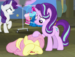 Size: 665x503 | Tagged: safe, screencap, applejack, fluttershy, rarity, starlight glimmer, earth pony, pegasus, pony, unicorn, horse play, animated, blowing, bucket, clothes, comforting, costume, covering eyes, cropped, cute, duo focus, female, frown, mare, open mouth, petting, prone, raised hoof, running, sad, sadorable, scared, shyabetes, smoke, wide eyes, worried