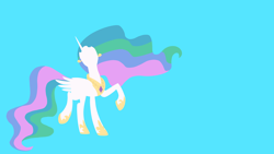 Size: 3840x2160 | Tagged: safe, artist:toastybrownpotatoes, princess celestia, alicorn, pony, horse play, 4k resolution, blue background, female, happy, hooves, horn, lineless, mare, minimalist, prancing, simple background, solo, tippy taps, wings