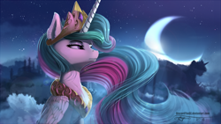 Size: 1640x922 | Tagged: safe, artist:discordthege, princess celestia, alicorn, pony, horse play, beautiful, chest fluff, cloud, crescent moon, digital art, female, jewelry, majestic, mare, moon, necklace, night, regal, scene interpretation, scenery, signature, sky, solo, stars