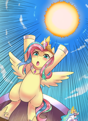 Size: 800x1100 | Tagged: safe, artist:tzc, fluttershy, princess celestia, pony, horse play, blushing, clothes, cosplay, costume, crown, cute, dragon ball z, fake horn, female, glowing horn, jewelry, mare, otakushy, regalia, shyabetes, shylestia, sky, spirit bomb, stifling laughter, sun