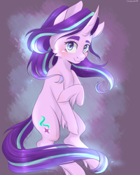 Size: 2000x2500 | Tagged: safe, artist:silbersternenlicht, starlight glimmer, pony, unicorn, abstract background, cloven hooves, curved horn, female, looking at you, mare, smiling, solo, unshorn fetlocks