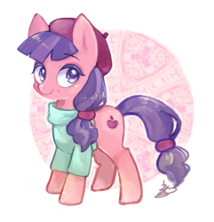 Size: 840x871 | Tagged: safe, artist:sibashen, raspberry beret, earth pony, pony, horse play, beauty mark, beret, clothes, female, hat, looking at you, mare, shirt, smiling, smiling at you, solo