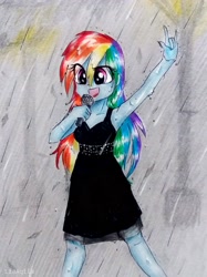 Size: 2185x2914 | Tagged: safe, artist:liaaqila, rainbow dash, equestria girls, armpits, black dress, clothes, commission, commissioner:ajnrules, dress, little black dress, microphone, rain, rainbow dash always dresses in style, singing, sleeveless, smiling, solo, wet, wet clothes, wet dress