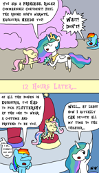 Size: 750x1300 | Tagged: safe, artist:bjdazzle, fluttershy, princess celestia, rainbow dash, pegasus, pony, fake it 'til you make it, horse play, 2 panel comic, alternate ending, chibi, clothes, cloud, comic, cosplay, costume, fake horn, implied princess luna, jewelry, missing accessory, offscreen character, panic, regalia, season 8 homework assignment, shylestia, throne, throne room, uselesstia, well that escalated quickly, wig