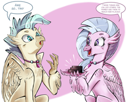 Size: 3000x2400 | Tagged: safe, artist:brother-lionheart, silverstream, terramar, classical hippogriff, hippogriff, school daze, surf and/or turf, brother and sister, cute, dialogue, diastreamies, duo, engrish, female, male, speech bubble, stairs, that hippogriff sure does love stairs
