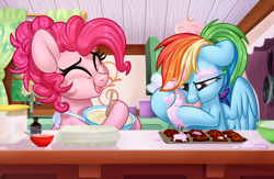 Size: 1024x667 | Tagged: safe, artist:kellythedrawinguni, pinkie pie, rainbow dash, earth pony, pegasus, pony, secrets and pies, alternate ending, alternate hairstyle, cute, dashabetes, diapinkes, duo, female, food, frosting, kitchen, mare