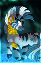 Size: 3300x5100 | Tagged: safe, artist:karzii, zecora, zebra, ear piercing, earring, everfree forest, female, jewelry, looking at you, mare, piercing, poison joke, solo