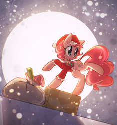 Size: 3000x3200 | Tagged: safe, artist:mirroredsea, pinkie pie, earth pony, pony, box, chimney, christmas, clothes, costume, female, hat, high res, holiday, looking back, mare, moon, night, present, raised hoof, raised leg, sack, santa costume, santa hat, santa sack, smiling, solo, winter