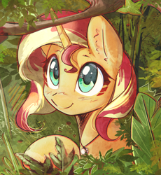 Size: 2624x2848 | Tagged: safe, artist:mirroredsea, sunset shimmer, pony, unicorn, bust, cute, female, jewelry, jungle, mare, necklace, portrait, shimmerbetes, smiling, solo