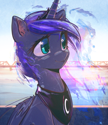 Size: 2110x2452 | Tagged: safe, artist:mirroredsea, princess luna, alicorn, pony, bridge, bust, colored pupils, crown, female, folded wings, jewelry, looking away, mare, portrait, regalia, smiling, solo