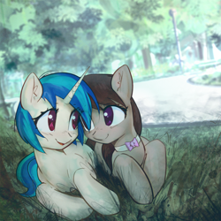 Size: 1600x1600 | Tagged: safe, artist:mirroredsea, dj pon-3, octavia melody, vinyl scratch, earth pony, pony, unicorn, blushing, couple, cute, eye clipping through hair, eye contact, female, lesbian, looking at each other, mare, park, prone, scratchtavia, shipping, smiling, smiling at each other, tavibetes, vinylbetes