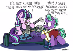 Size: 2455x1735 | Tagged: safe, artist:bobthedalek, firelight, starlight glimmer, pony, unicorn, the parent map, angry, bed, boots, clothes, duo, edgelight glimmer, father and child, father and daughter, fathers gonna father, female, guitar, it's a phase, it's not a phase, kite, male, mare, parent and child, shoes, simple background, stallion, starlight's room, teenage glimmer, that pony sure does love kites, white background