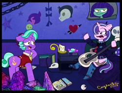 Size: 2582x1980 | Tagged: safe, artist:caytarts, firelight, starlight glimmer, pony, unicorn, the parent map, alternate hairstyle, clothes, edgelight glimmer, emo, father and child, father and daughter, female, goth, guitar, it's a phase, it's not a phase, male, parent and child, rickroll, starlight's room, teenage glimmer