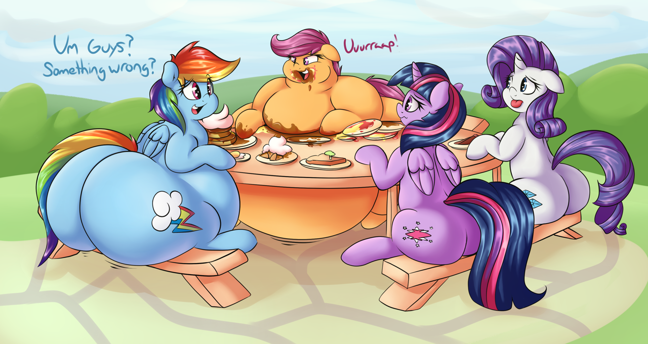 26761 - questionable, artist:graphenescloset, rainbow dash, rarity,  scootaloo, twilight sparkle, twilight sparkle (alicorn), alicorn, pegasus,  pony, unicorn, adorafatty, belly, bench, big belly, burp, chubby, chubby  cheeks, cute, disgusted, double chin ...