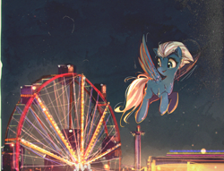 Size: 3656x2800 | Tagged: safe, artist:mirroredsea, night glider, pegasus, pony, cute, female, ferris wheel, flying, looking back, mare, night, open mouth, smiling, solo, spread wings, wings