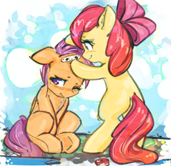 Size: 2725x2645 | Tagged: safe, artist:mirroredsea, apple bloom, scootaloo, earth pony, pegasus, pony, adorabloom, bandaid, blank flank, bow, caring, crying, cute, cutealoo, duo, duo female, female, filly, hair bow, missing cutie mark, scootalove, smiling, this already ended in pain