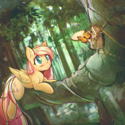 Size: 3212x3212 | Tagged: safe, artist:mirroredsea, fluttershy, butterfly, pegasus, pony, blushing, cute, female, forest, mare, prone, scenery, shyabetes, solo, tree, tree branch