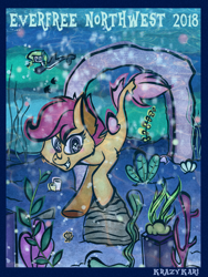 Size: 960x1280 | Tagged: safe, artist:krazykari, scootaloo, oc, oc:marina (efnw), seapony (g4), surf and/or turf, everfree forest, everfree northwest, seapony scootaloo, underwater