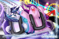 Size: 1024x667 | Tagged: safe, artist:kellythedrawinguni, princess cadance, shining armor, alicorn, pony, unicorn, cute, female, happy, male, mare, roller coaster, shiningcadance, shipping, smiling, stallion, straight, unshorn fetlocks