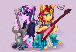 Size: 1024x695 | Tagged: safe, artist:castaspellliana, starlight glimmer, sunset shimmer, unicorn, the parent map, clothes, dress, duo, ear piercing, earring, female, guitar, jewelry, looking at you, mare, piercing, story in the source, teenage glimmer