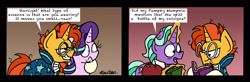 Size: 2456x809 | Tagged: safe, artist:bobthedalek, firelight, starlight glimmer, sunburst, pony, unicorn, the parent map, book, brown background, comic, female, foxtrot, glowing horn, magic, male, mare, pumpky wumpkin, red background, shipping, simple background, stallion, starburst, straight, sunburst is not amused, telekinesis, unamused, wide eyes