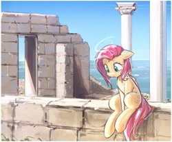 Size: 3066x2540 | Tagged: safe, artist:mirroredsea, fluttershy, pegasus, pony, cute, female, floppy ears, folded wings, looking down, mare, pillar, ruins, sad, sadorable, shyabetes, sitting, solo