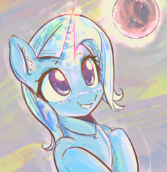 Size: 2352x2420 | Tagged: safe, artist:mirroredsea, trixie, pony, unicorn, bust, cute, diatrixes, female, glowing horn, hooves to the chest, looking at something, looking up, magic, mare, orb, portrait, smiling, solo
