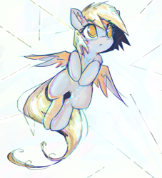 Size: 2775x3059 | Tagged: safe, artist:mirroredsea, derpy hooves, pegasus, pony, abstract background, colored pupils, cute, derpabetes, ear fluff, featureless crotch, female, mare, solo, spread wings, wings