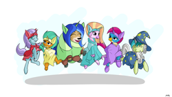Size: 6400x3600 | Tagged: safe, artist:maneingreen, gallus, ocellus, sandbar, silverstream, smolder, yona, changedling, changeling, classical hippogriff, dragon, earth pony, griffon, hippogriff, pony, yak, horse play, acting, clothes, cloven hooves, costume, dancing, dragoness, fake beard, fake ears, fake horn, female, happy, male, performance, simple background, star swirl the bearded costume, student six, teenager, white background, wig